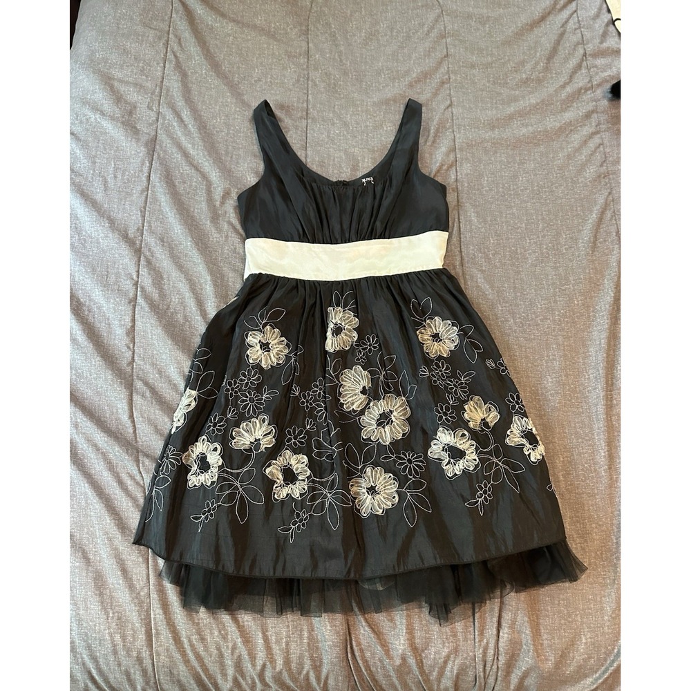 Coquette Fairy XOXO Black Ivory Floral Womens Dress 5 Embroidered Tulle Bow Y2K